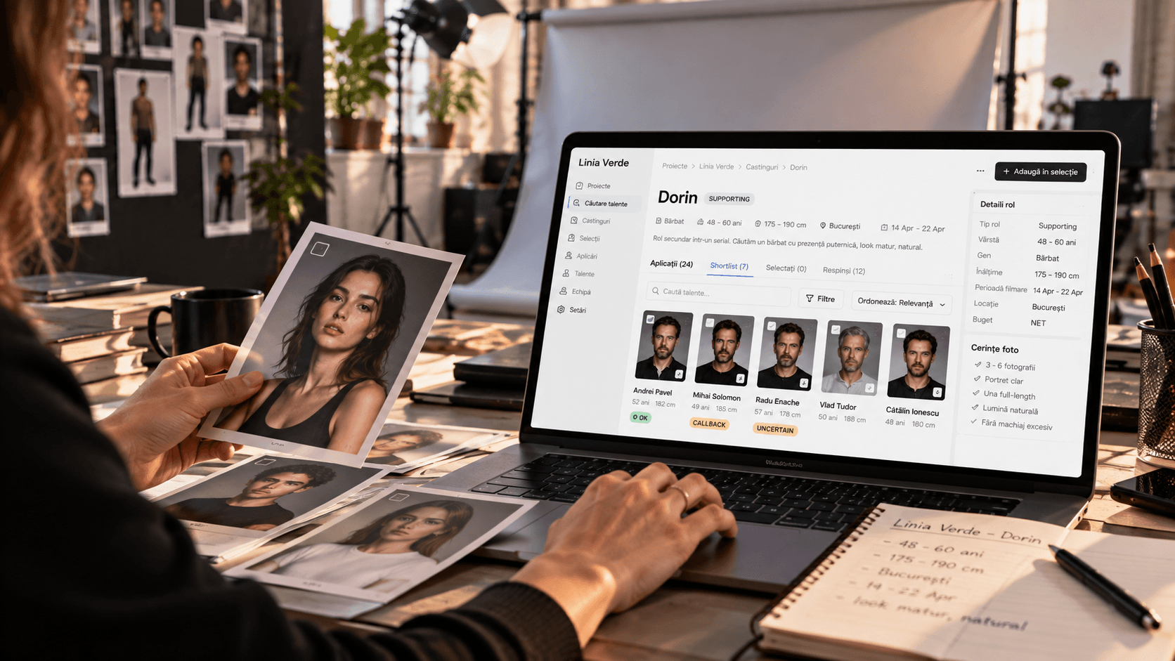 A casting professional at a work desk comparing a printed headshot against a laptop showing a casting application: a role's requirements beside a shortlist of candidates marked with decision statuses, with a photographic backdrop and lighting behind.